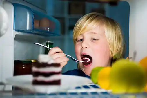 fat kid eating cake from fridge=